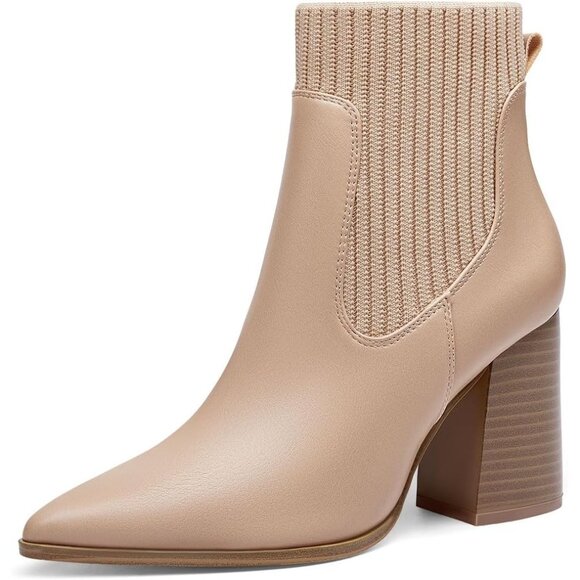 ⚡Women's Khaki Ankle Boots Sock Booties Pointed Toe Chunky Stacked High Heel - Picture 1 of 5